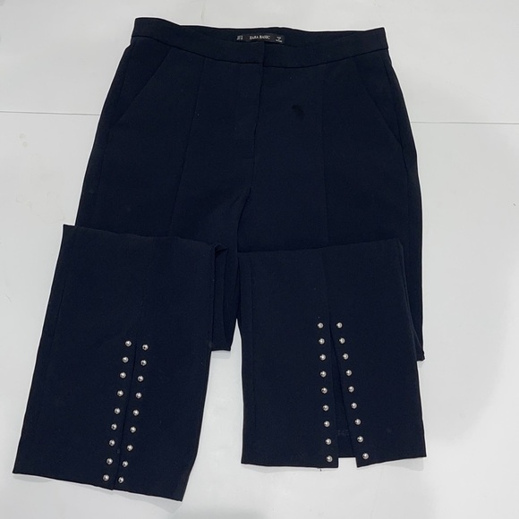 ZARA BASIC BLACK PANTS WITH SILVER BUTTON CUFF ACCENTS - Picture 1 of 13